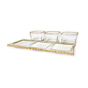 3 Bowl Relish Dish on Tray with Gold Rim